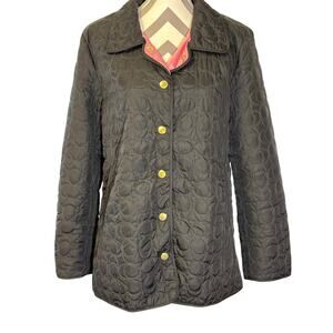 Coach Signature C Quilted Barn Jacket Black Pink Lining Large Gold Buttons